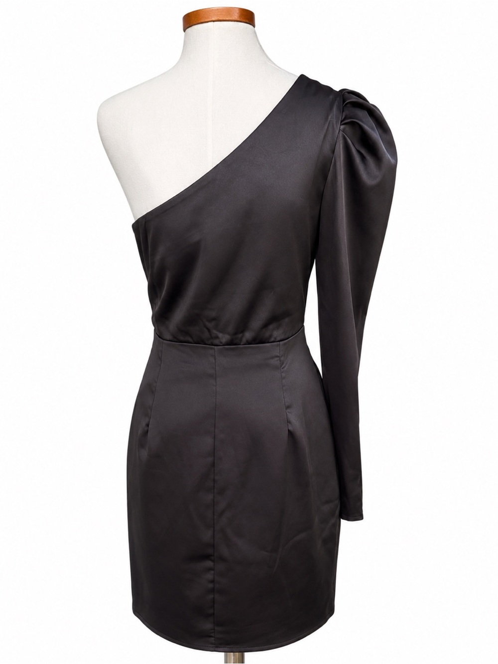 NWT Altar’d State Black Satin One Shoulder Puff Sleeve Mini Dress M - Picture 3 of 5
